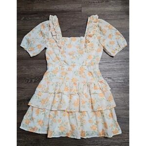 Adelyn Rae Floral Printed Square Neck Puff-sleeve Tiered Minidress Size M